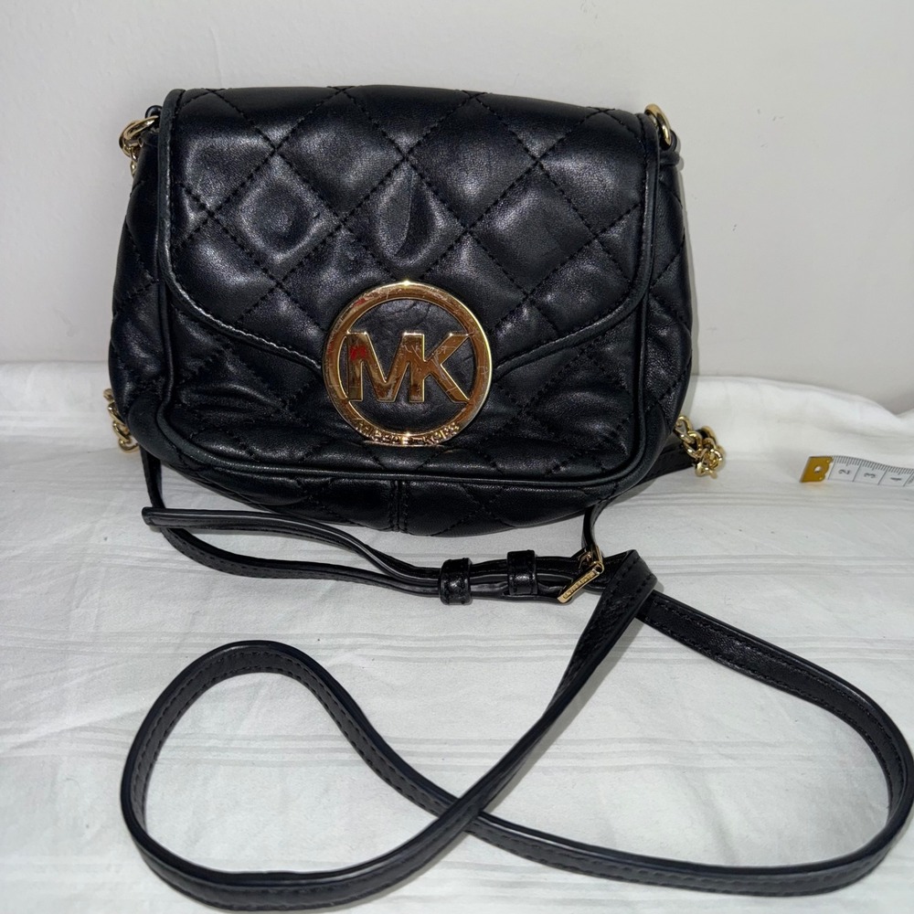 Michael Kors Black Quilted‎ Leather Crossbody Bag Gold Chain MK Logo
